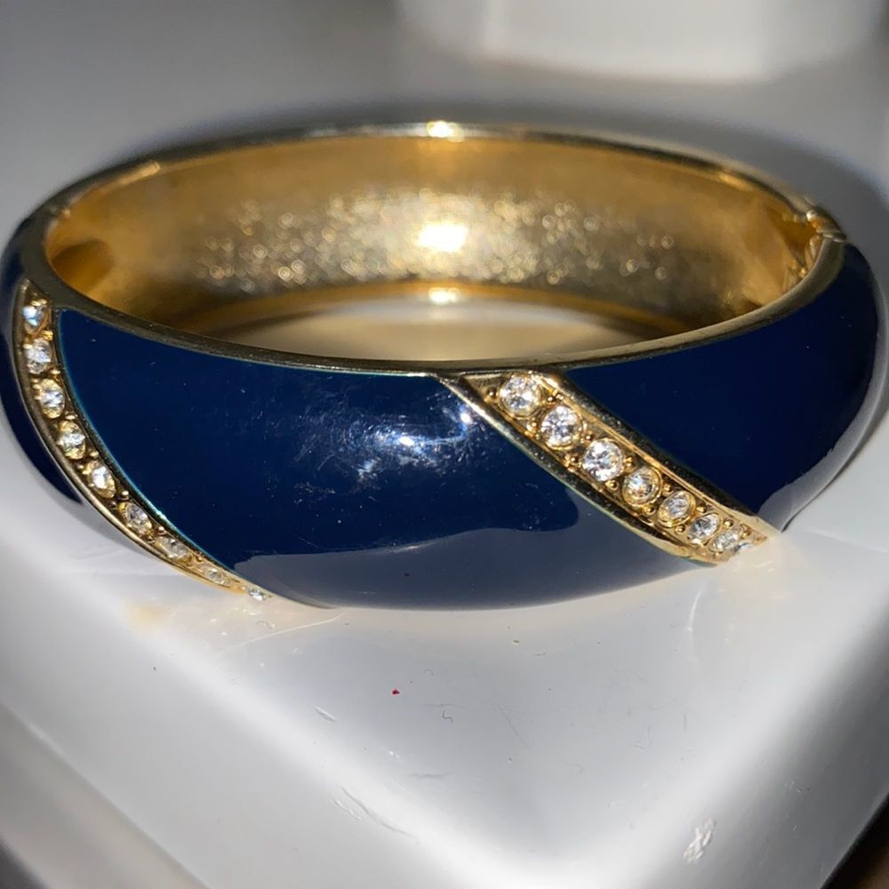 Vintage Navy Blue Enamel With Faux Diamond Accent Clamp Bracelet